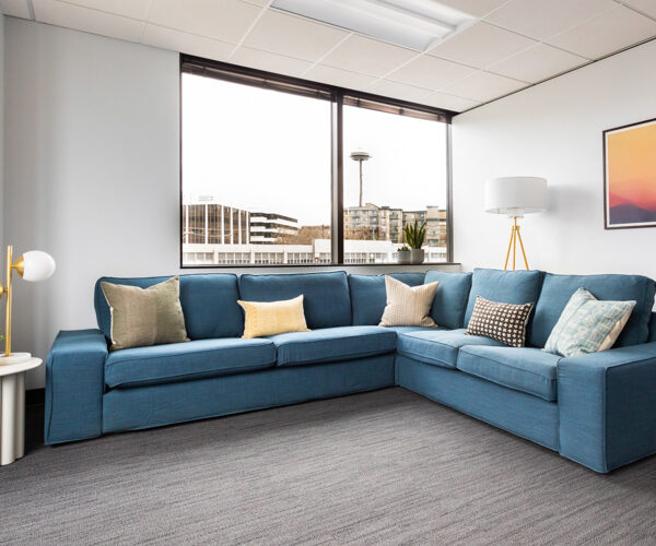 Mindful Therapy Group Elliott Bay location lobby, with the Space Needle visible through the window