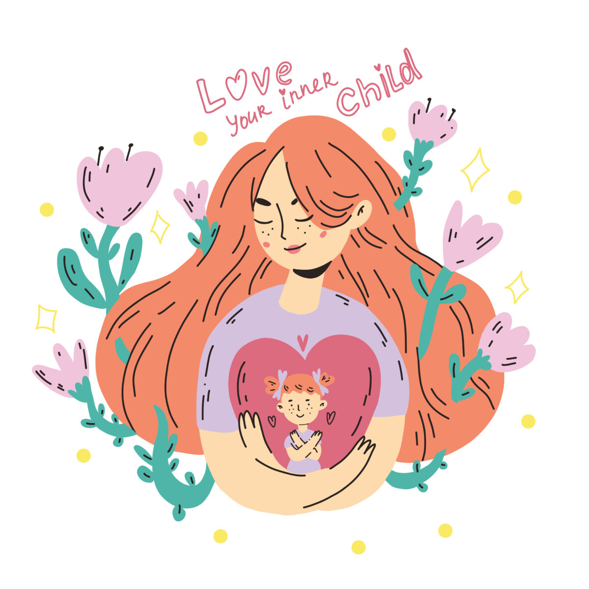 Vector illustration with a caring inner child with a woman embracing a heart, symbolizing love and positive mental health. Includes flowers and stars conveying therapy and support.