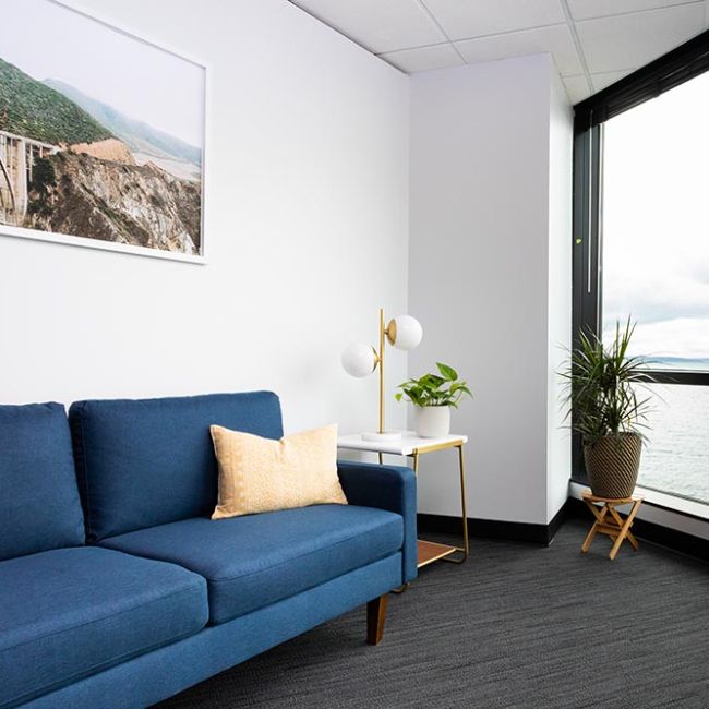 A therapy room, with a blue couch, gold lamp on the side table, and a nice view out a large window