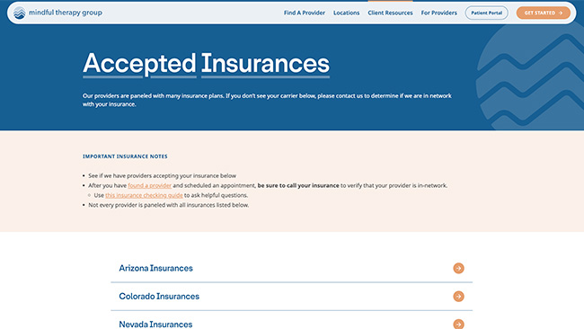 Screenshot of accepted insurances on the Mindful Therapy Group website