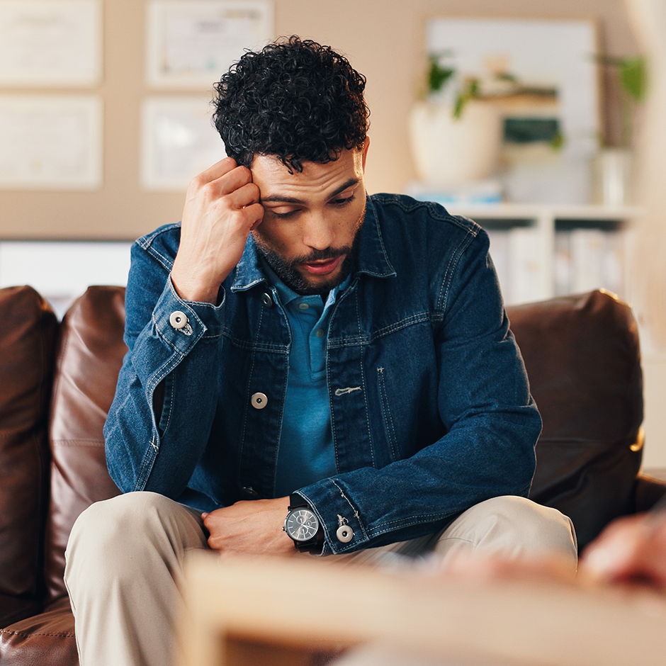 Clipboard, conversation and therapist with man in office with checklist for mental health evaluation. Coach, patient information and psychologist with person for support of stress, ptsd or anxiety.